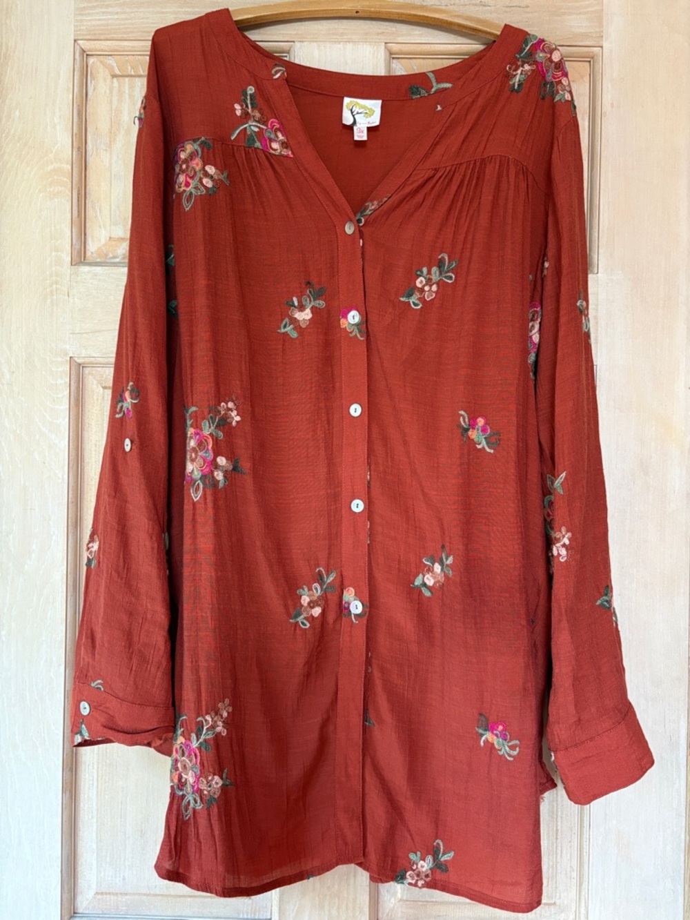 Anthropologie Fig & Flower Burnt Orange Floral Embroidered Button-Front Tunic 3X